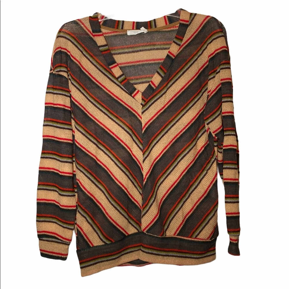 Lush Sweater Striped V-neck Long Sleeve Lightweight Banded Waist